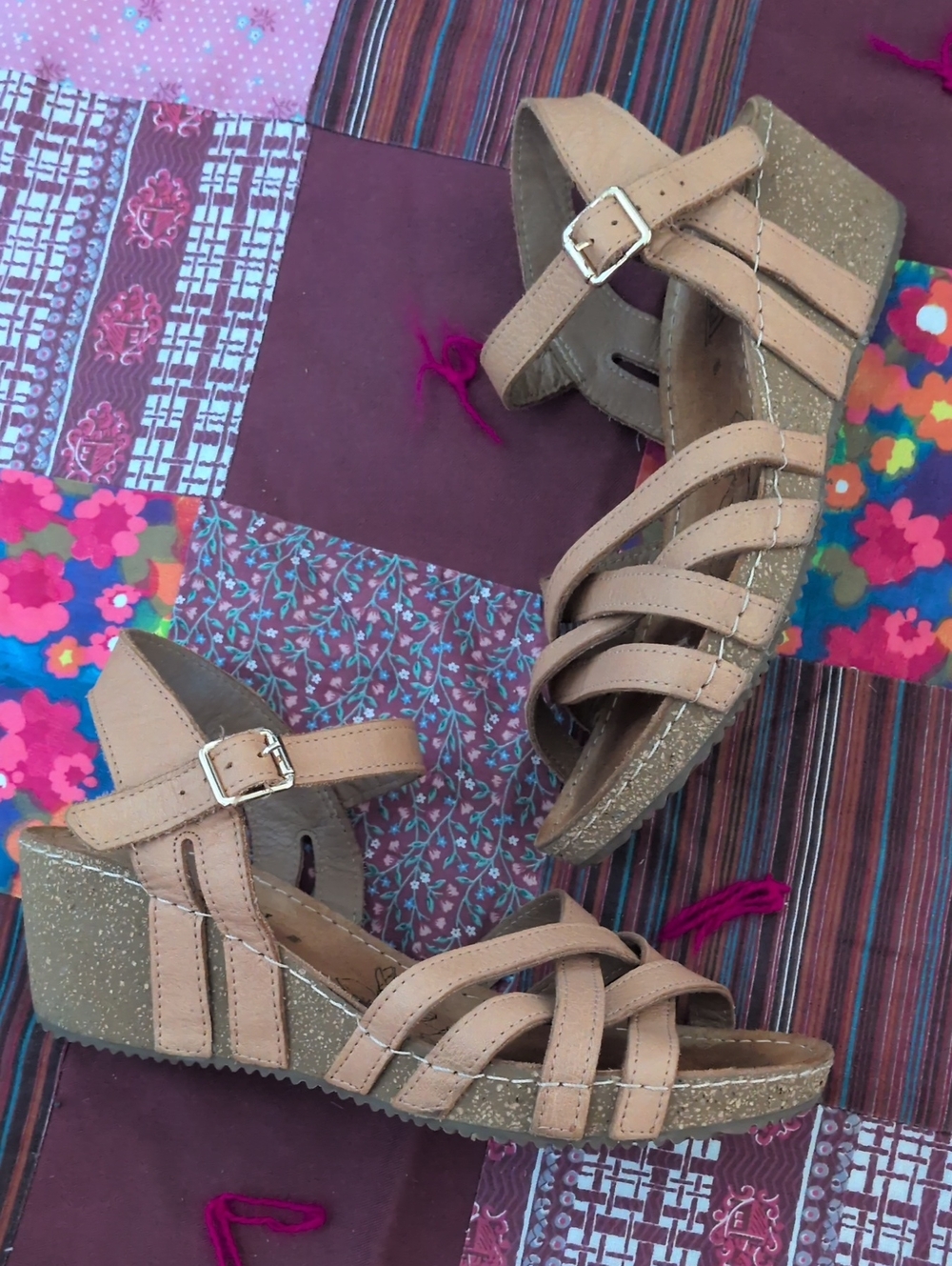 Bjorndal Beige/Tan Strappy Wedge Sandals with Ankle Buckle